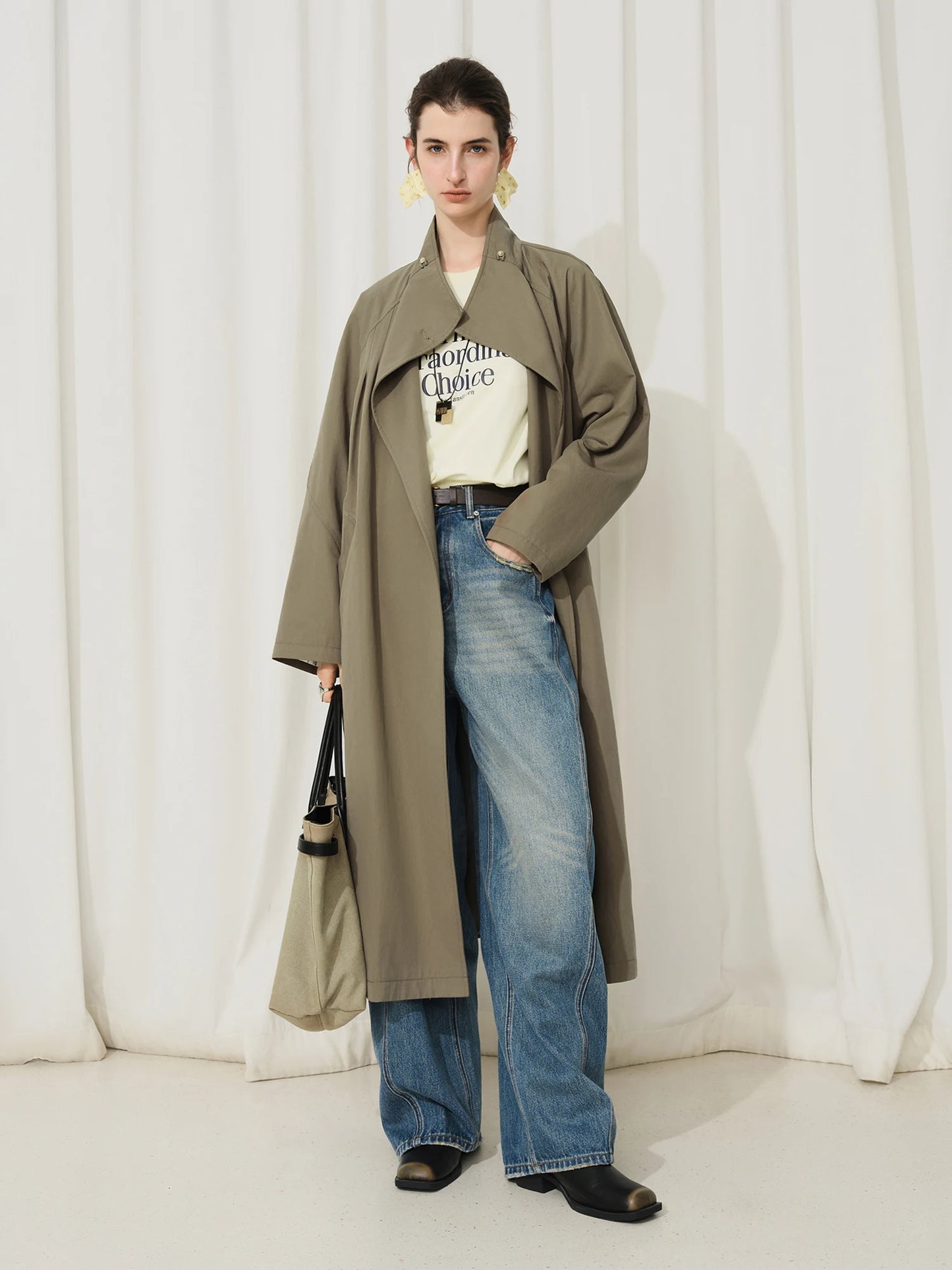 Olive Contrast Collar Long Trench Coat