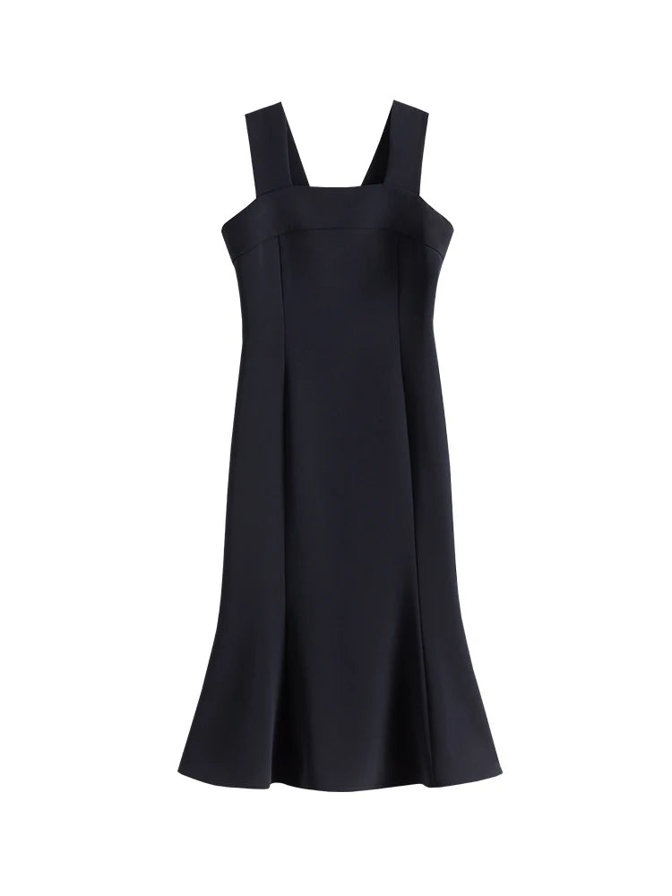 Navy Square Back Fitted Midi Dress