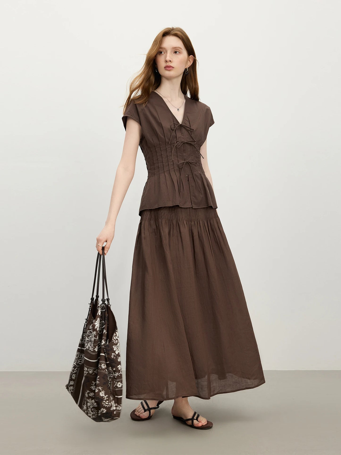 Brown Tie Waist Peplum Blouse