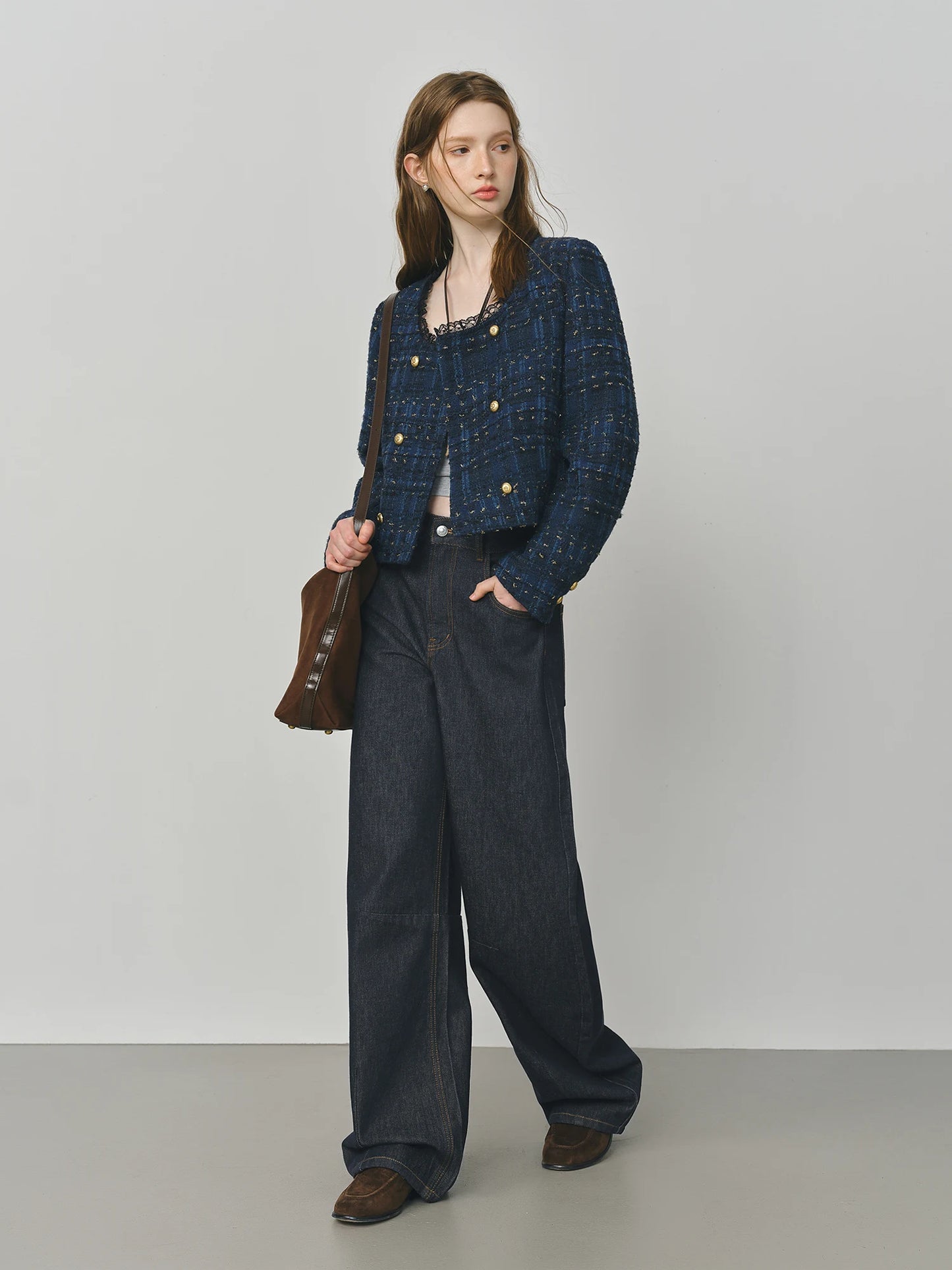 Navy Lace Trim Tweed Jacket