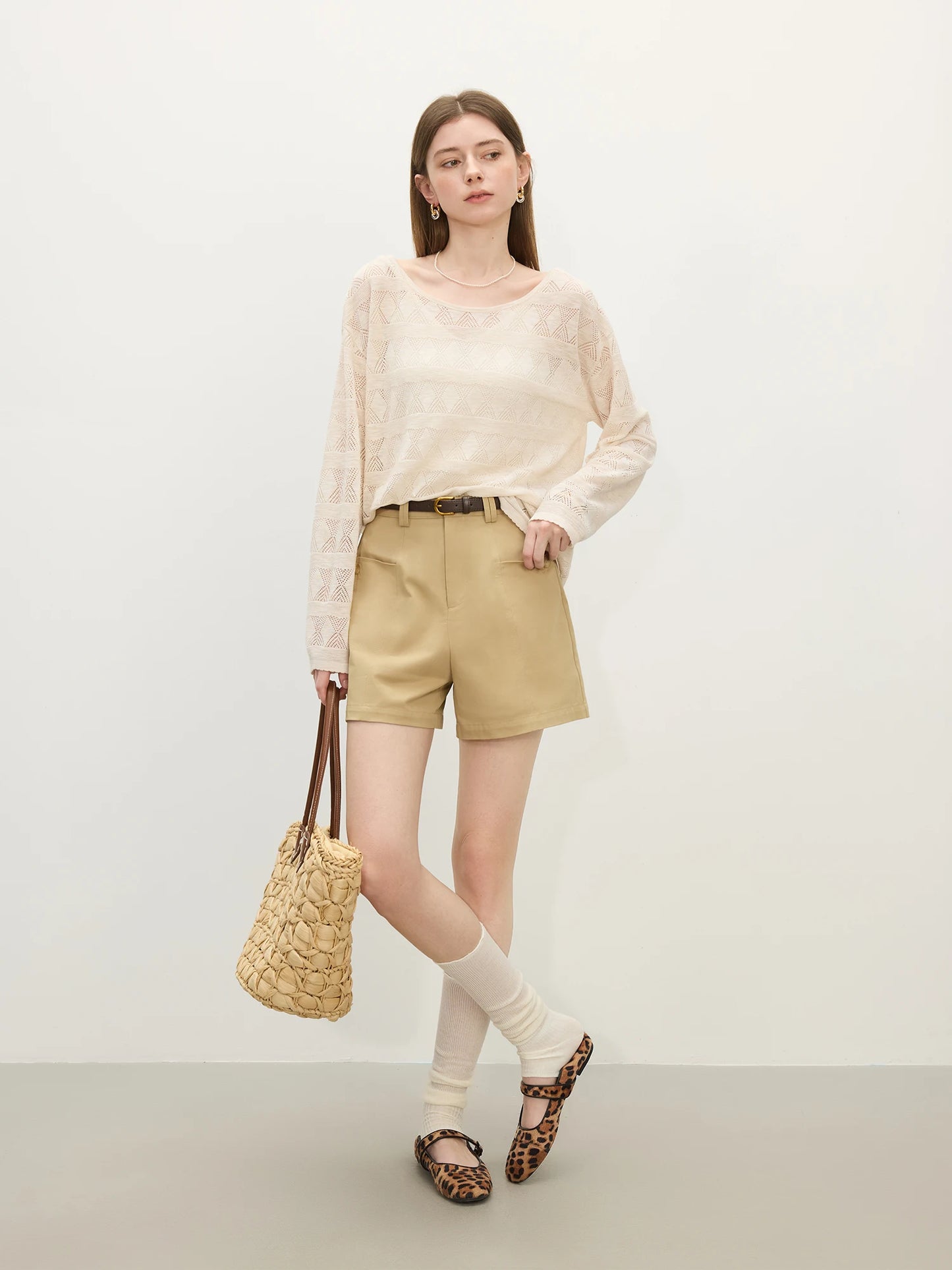 Khaki High Waist Cotton Shorts