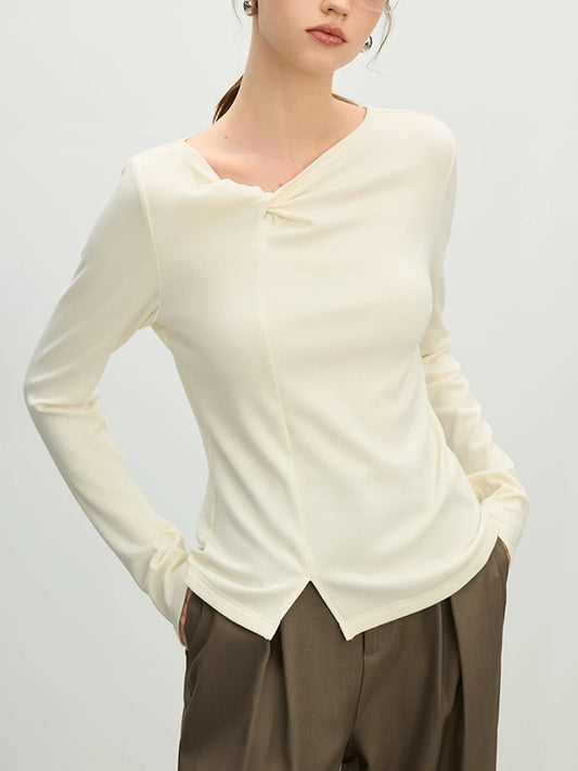 Ivory Asymmetric Neck Long Sleeve Top