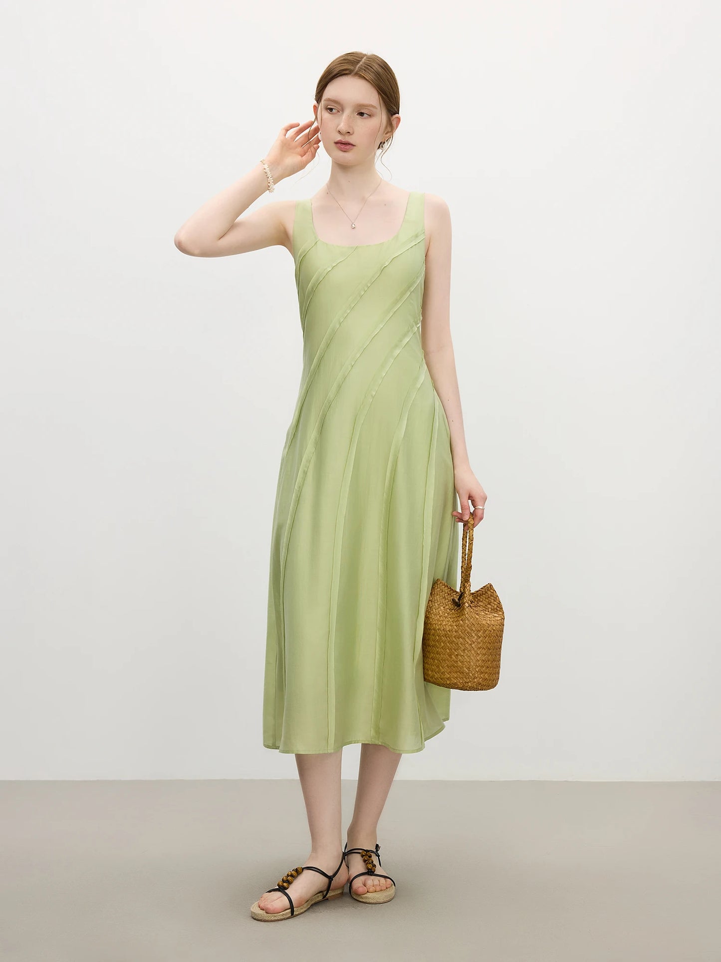 Sage Green Draped Strap Midi Dress
