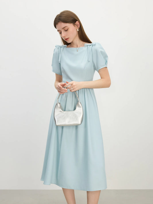 Pale Blue Puff Sleeve Midi Dress