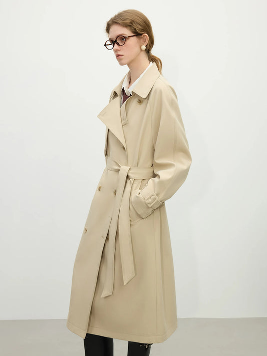 Beige Double Breasted Belted Long Trench