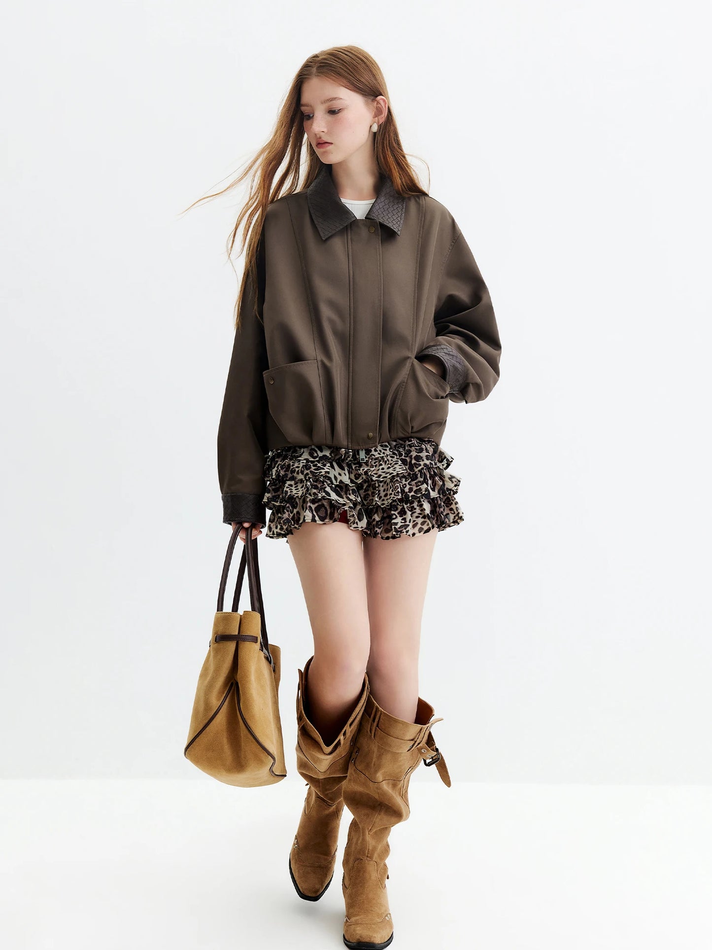 Brown Contrast Collar Bomber Jacket