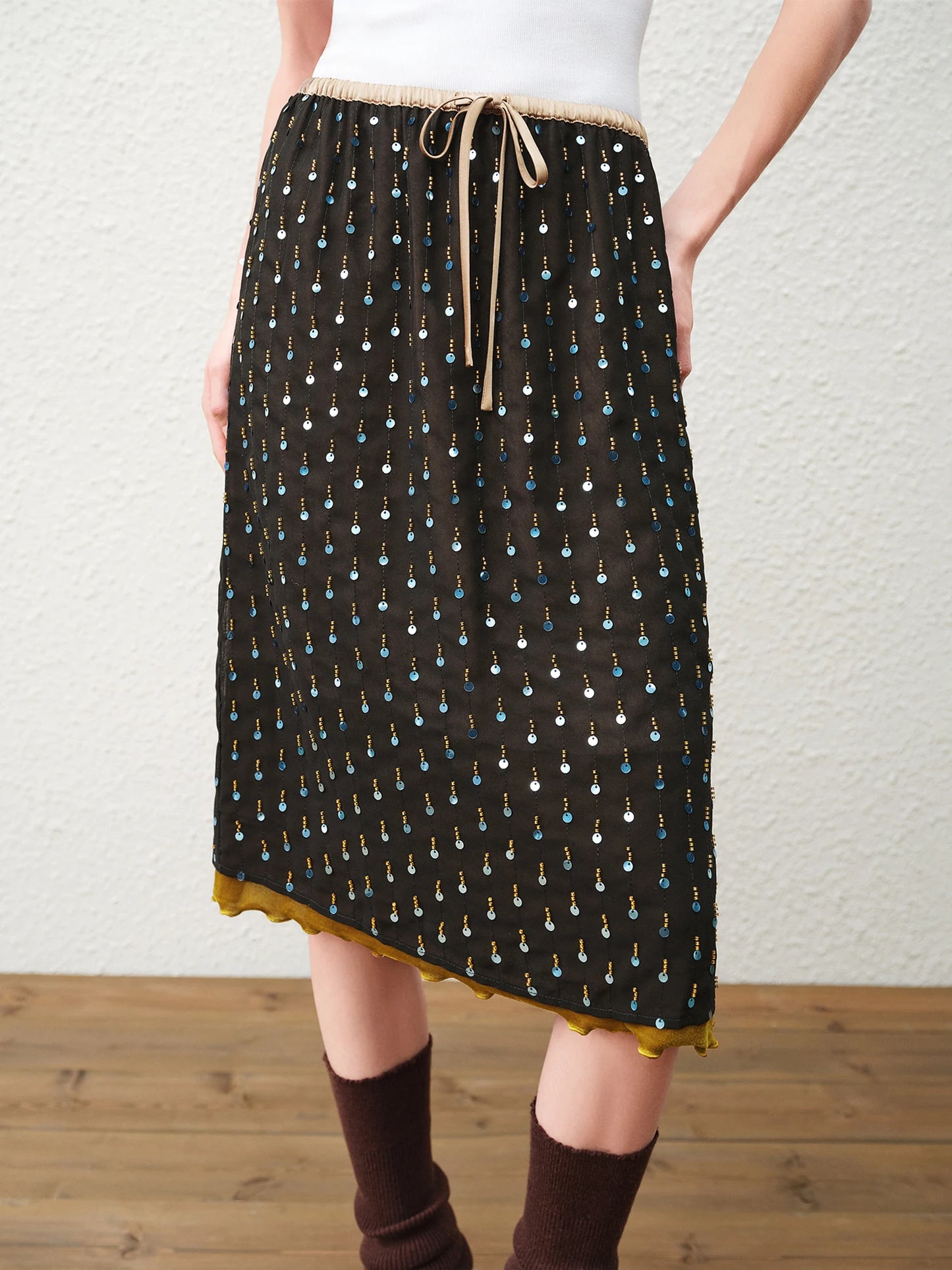 Black Beaded Velvet Pencil Midi Skirt