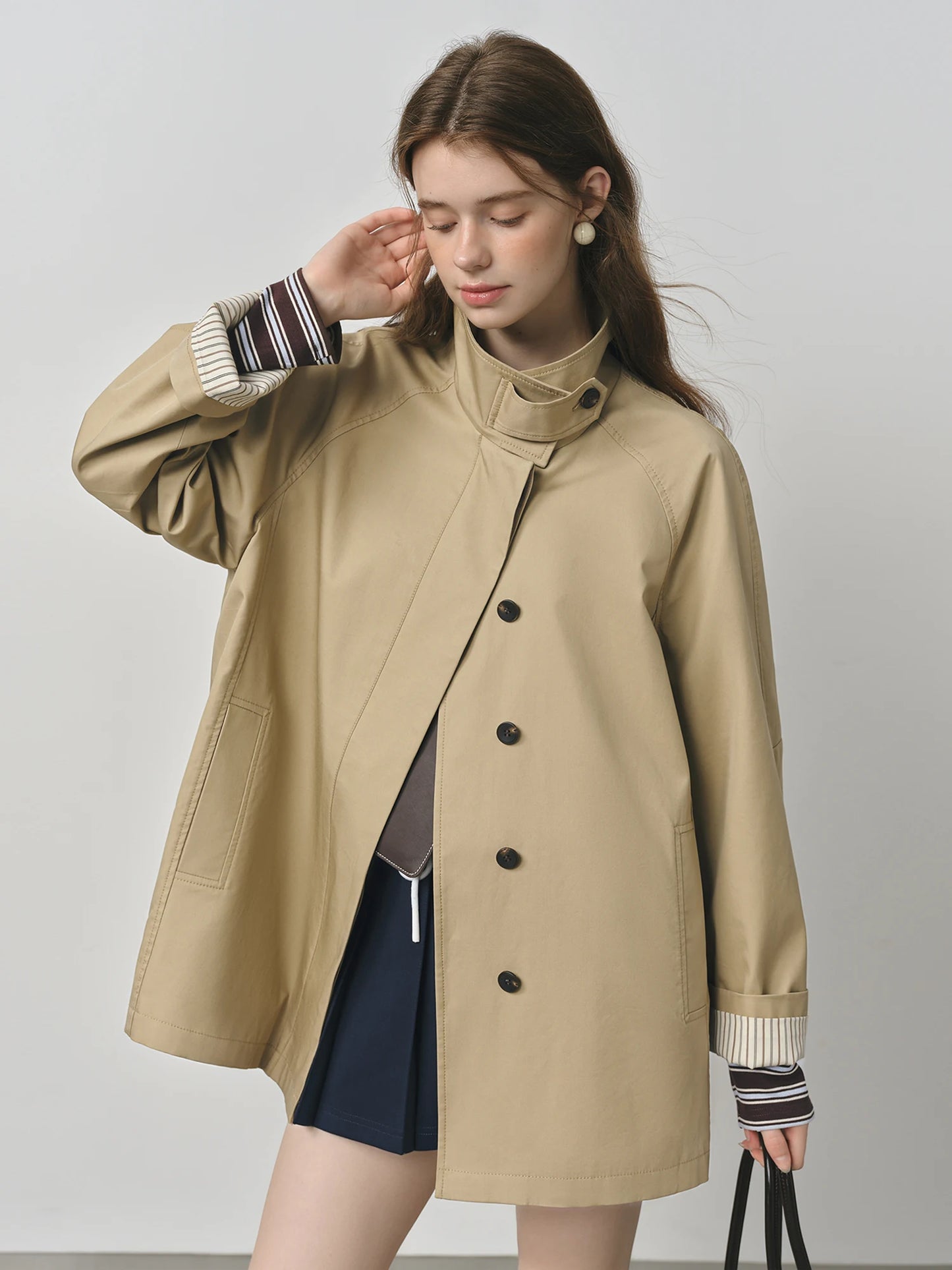 Light Grey Stand Collar Belted Trench