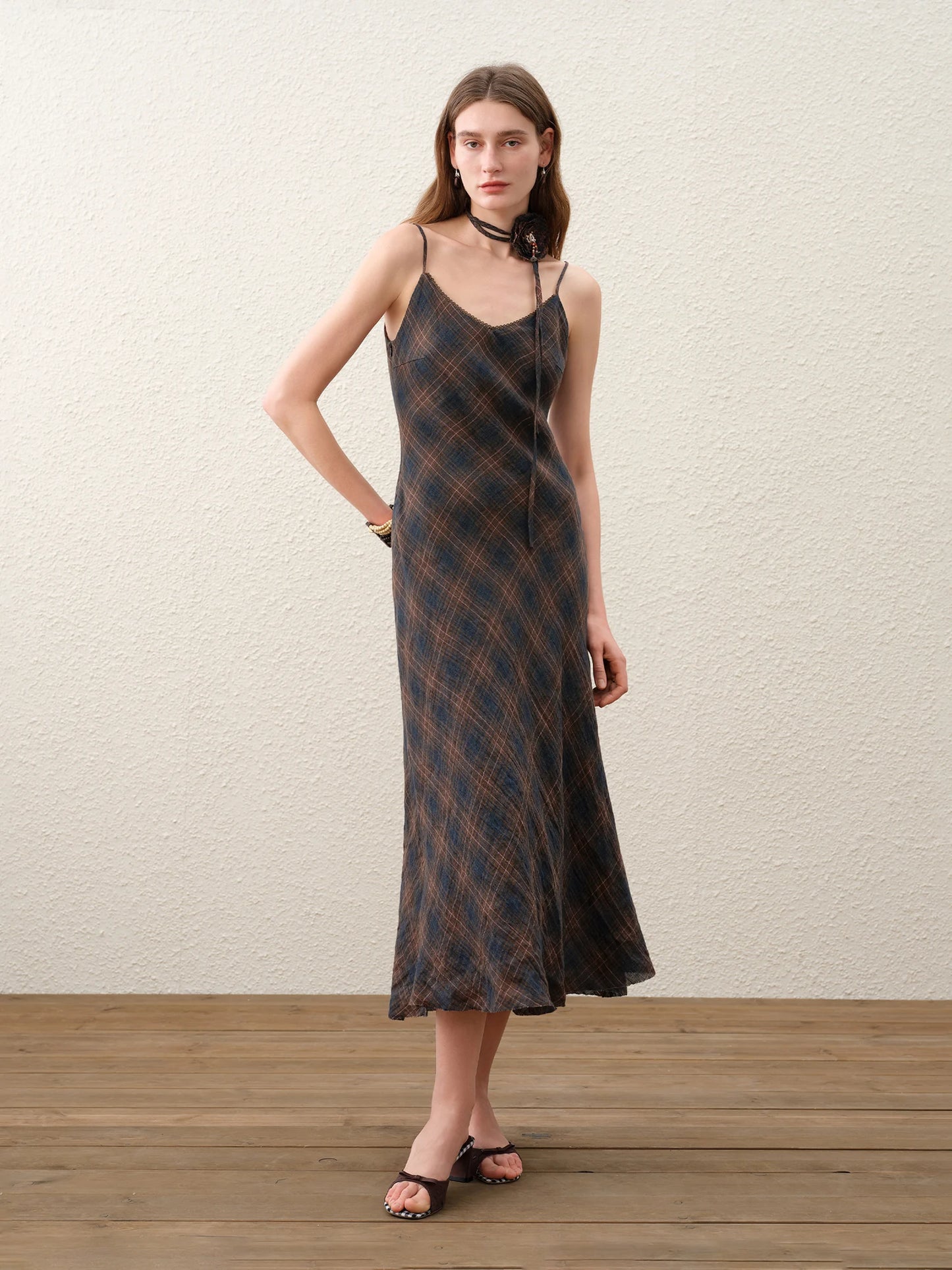 Brown Plaid Slip Midi Dress