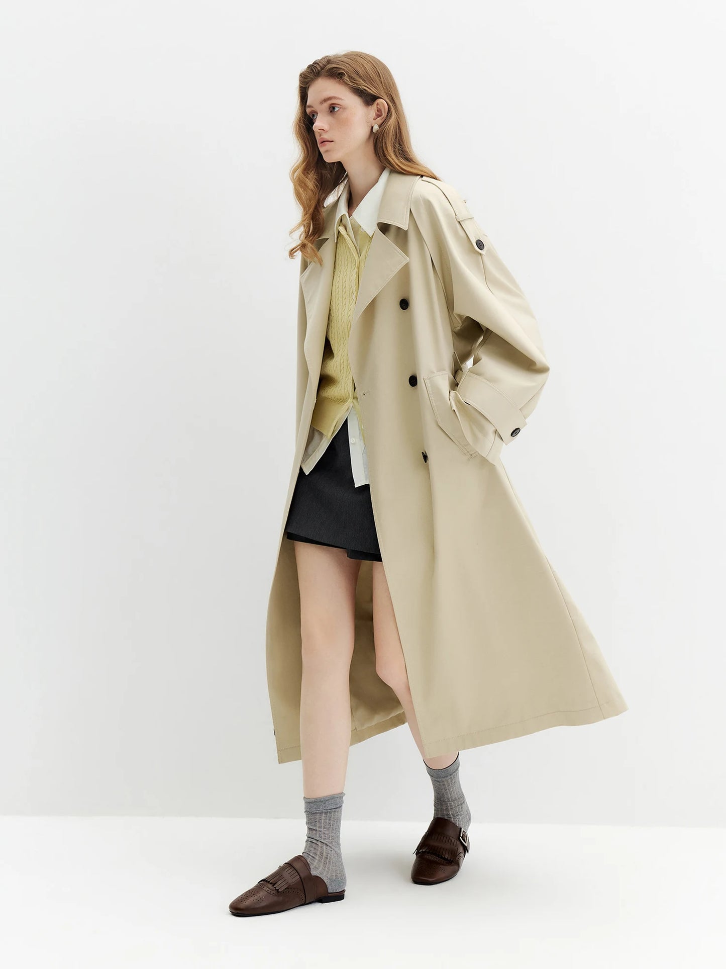 Ivory Double Breasted Belted Long Trench