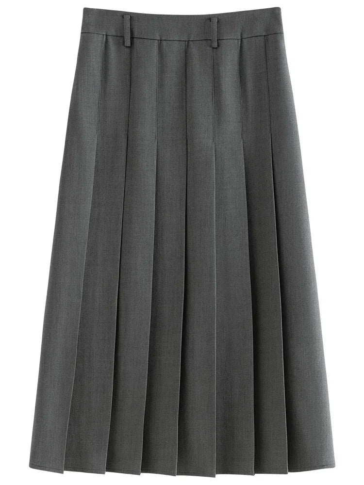 Navy Belted Pleated Midi Skirt