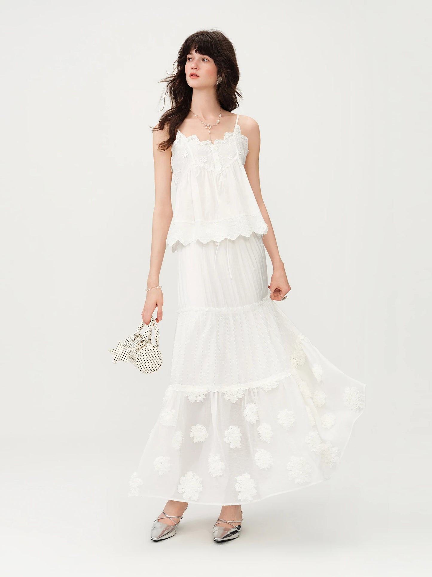 White Embroidered Ruffle Camisole Top