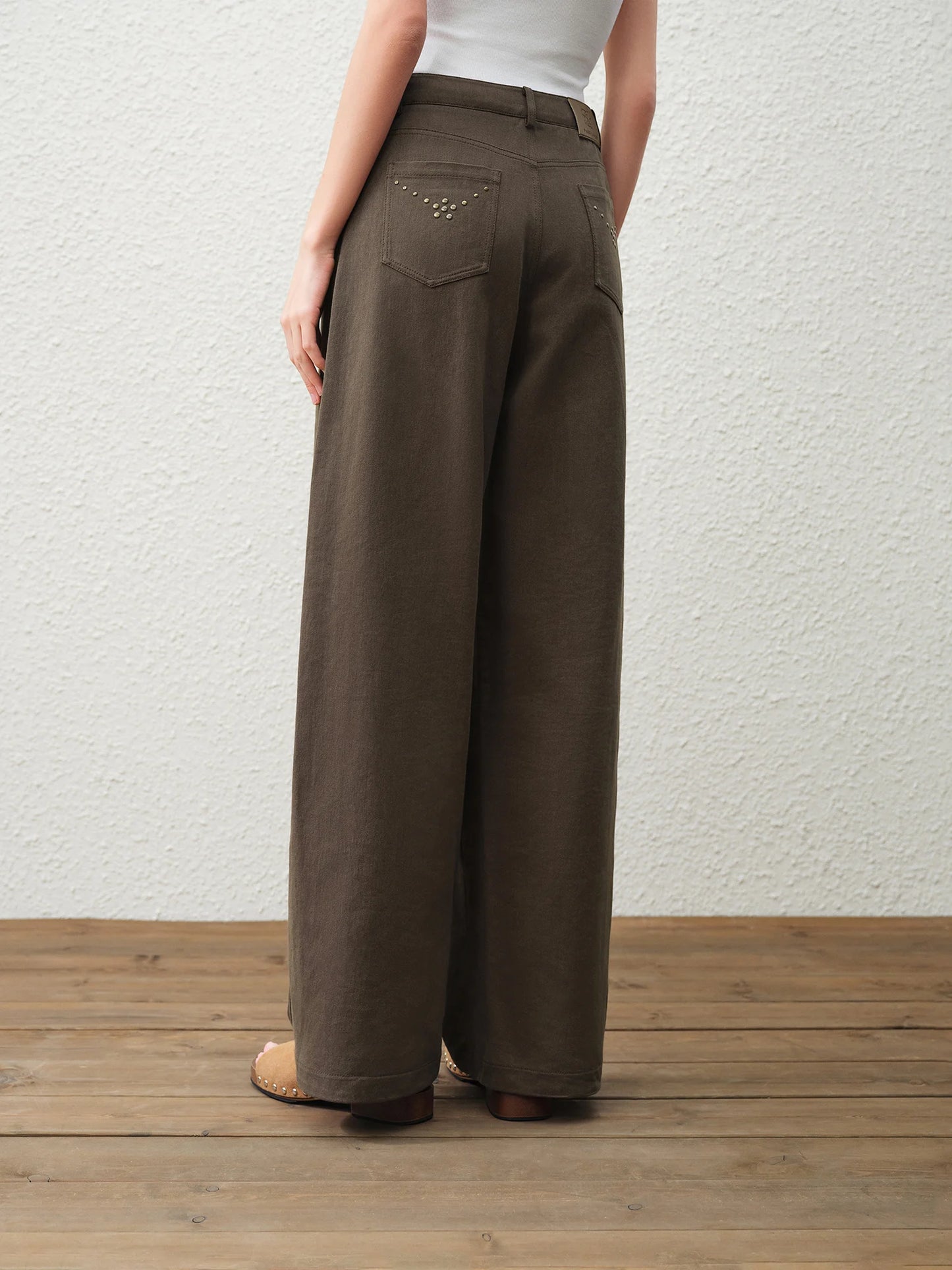 Brown Embroidered Wide Leg Jeans