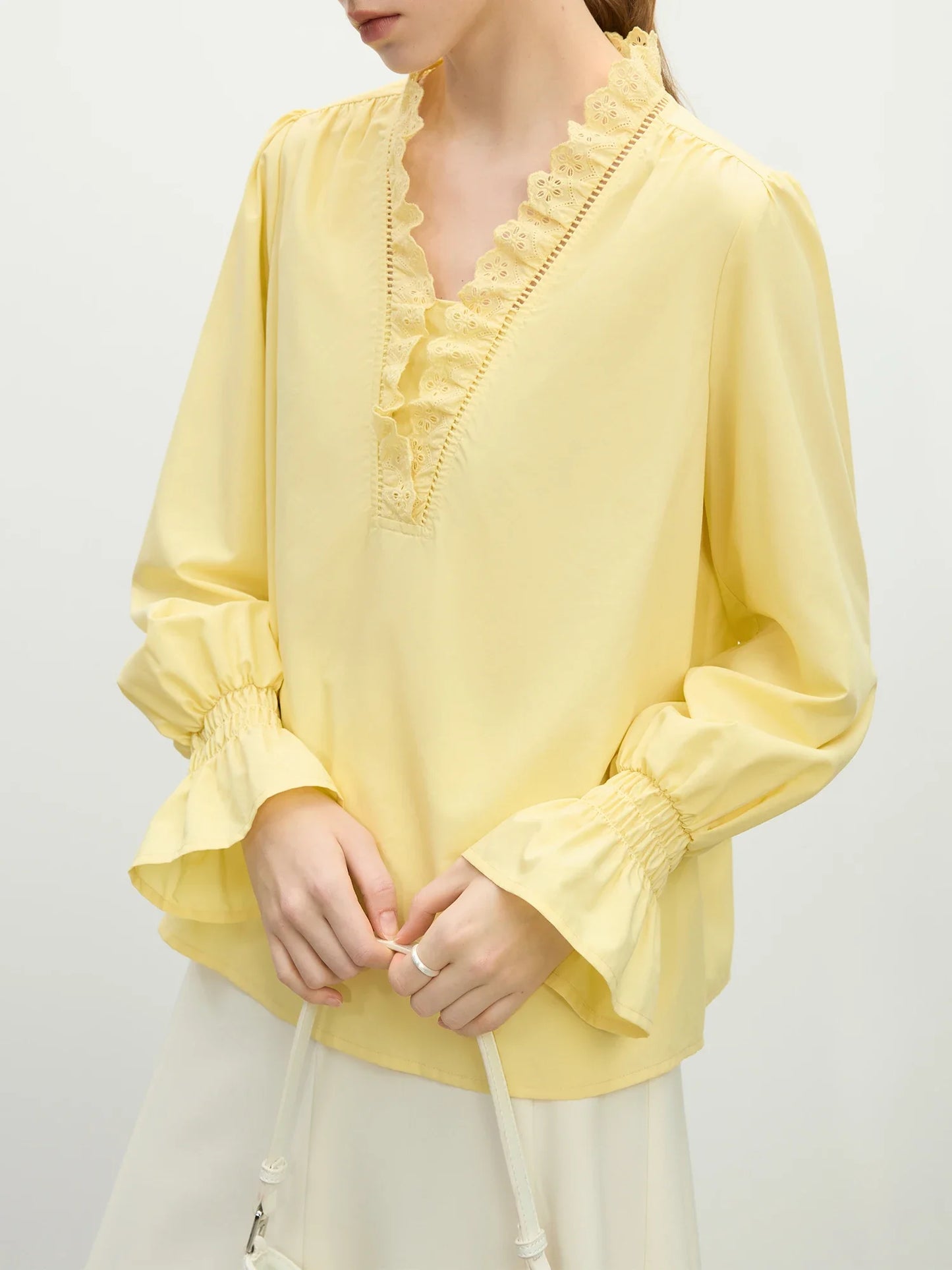 White Lace Placket V Neck Blouse