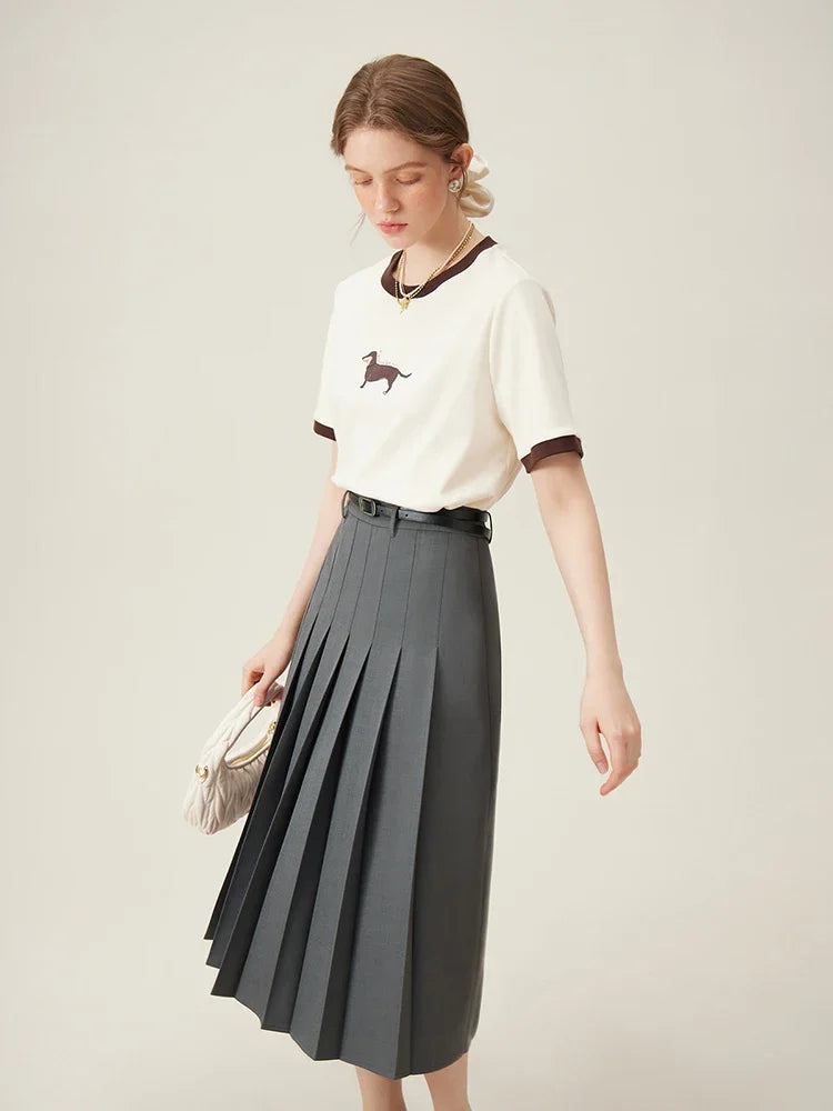 Navy Belted Pleated Midi Skirt