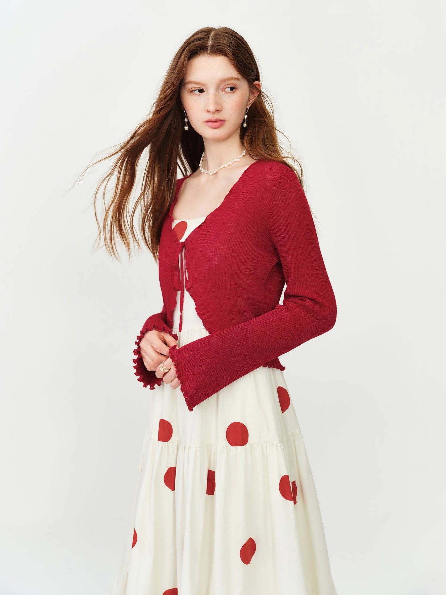 Red Tie Front Cropped Cardigan