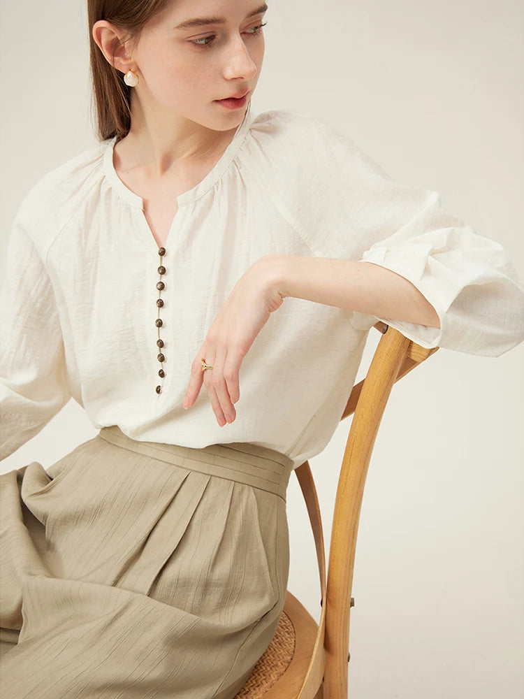 Ivory Button Placket Linen Blouse