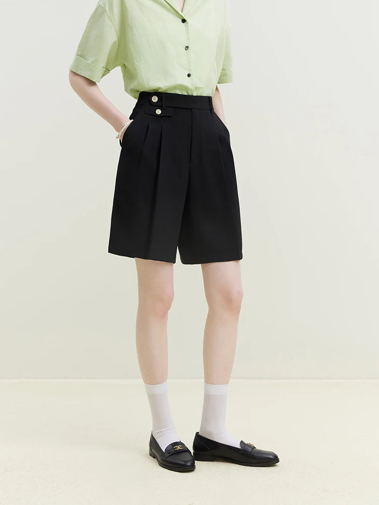 Ivory Pleated Button Waist Shorts