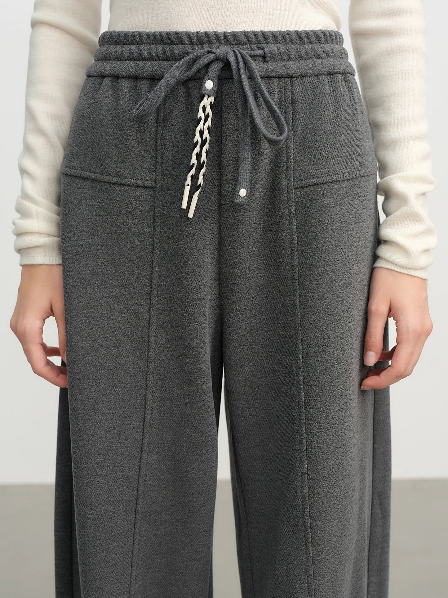 Black Drawstring Knit Wide Leg Pants