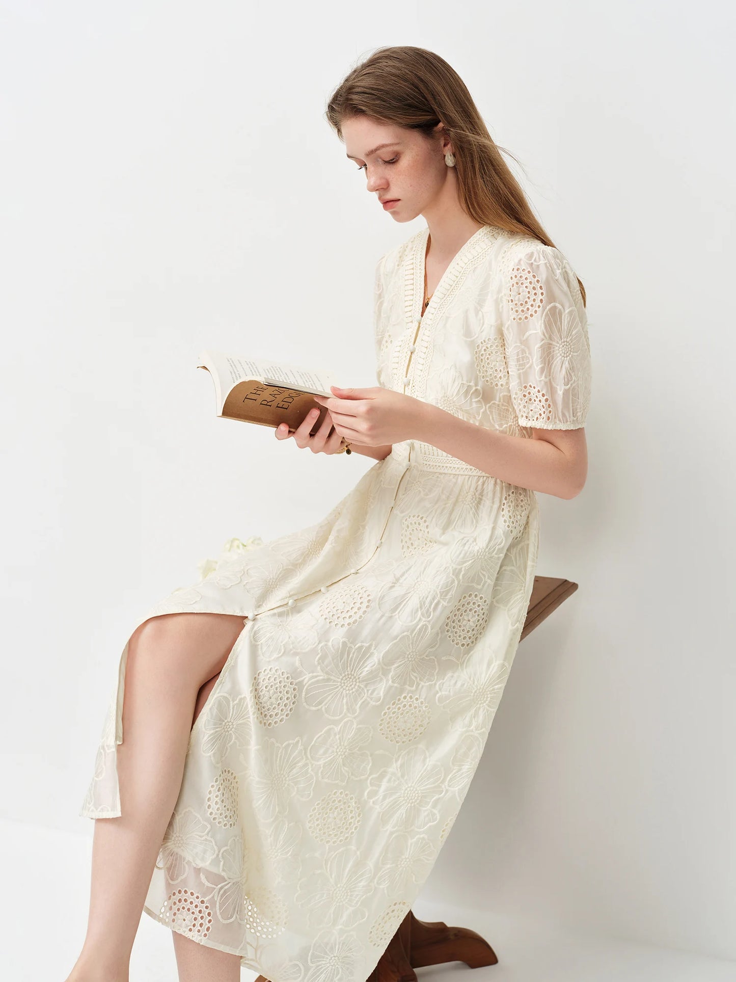 Ivory Eyelet V-Neck Midi Dress