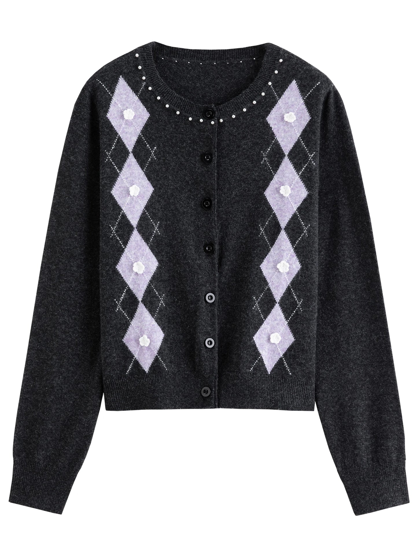 Black Argyle Ruffle Knit Cardigan