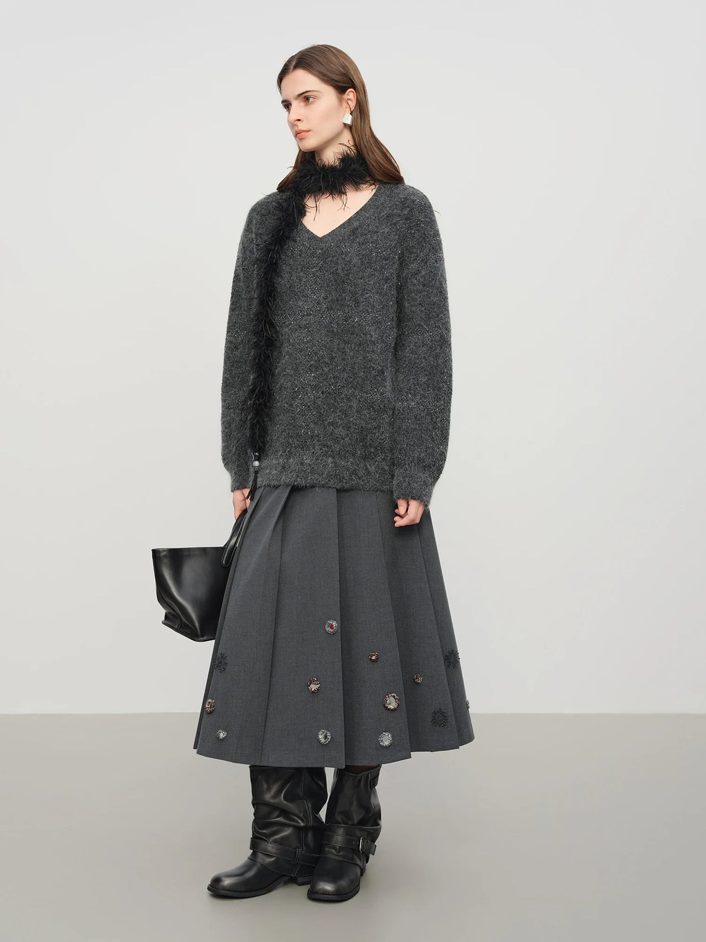 Charcoal Button Pleated Midi Skirt