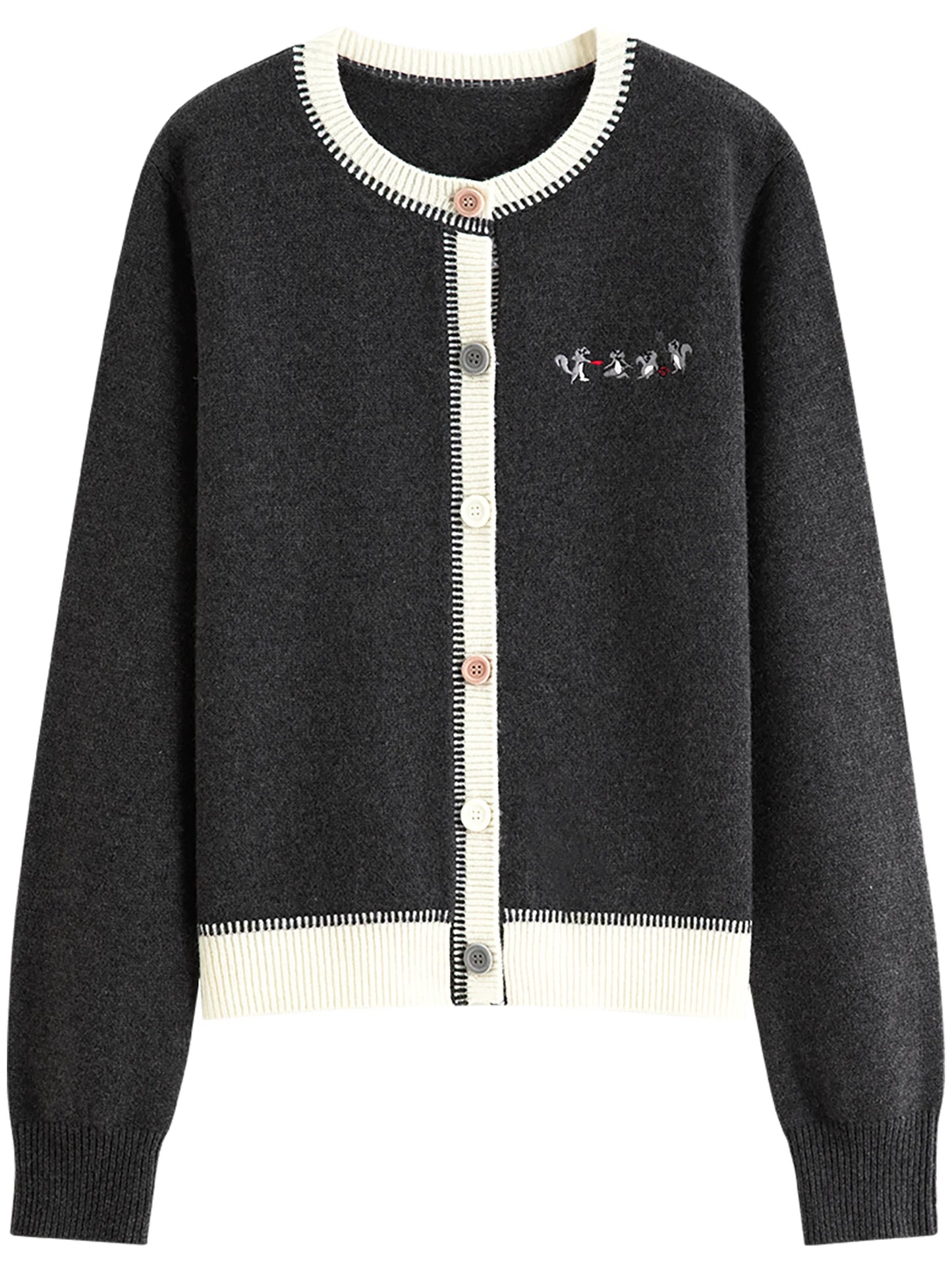 Beige Embroidered Crew Neck Cardigan