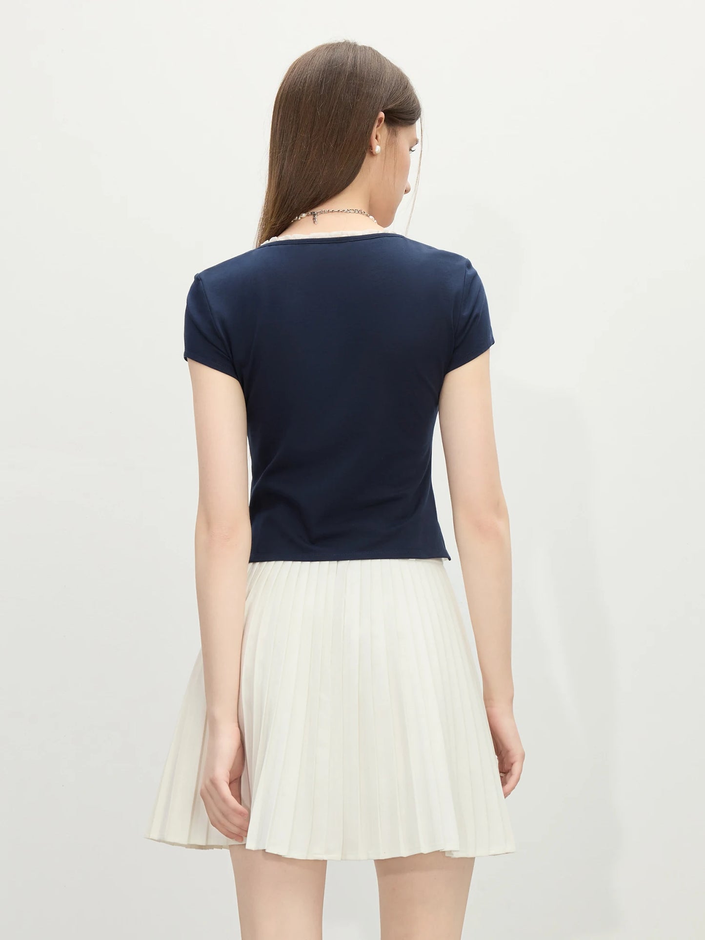 Navy Bow Trim Fitted Knit Tee