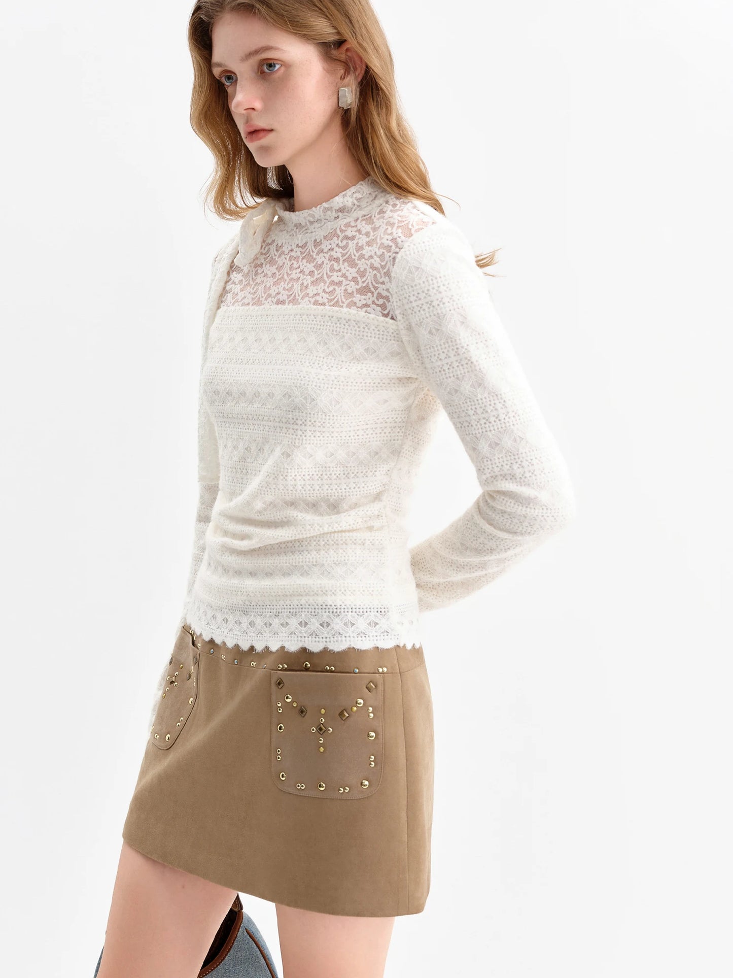 White Lace Panel Long Sleeve Top