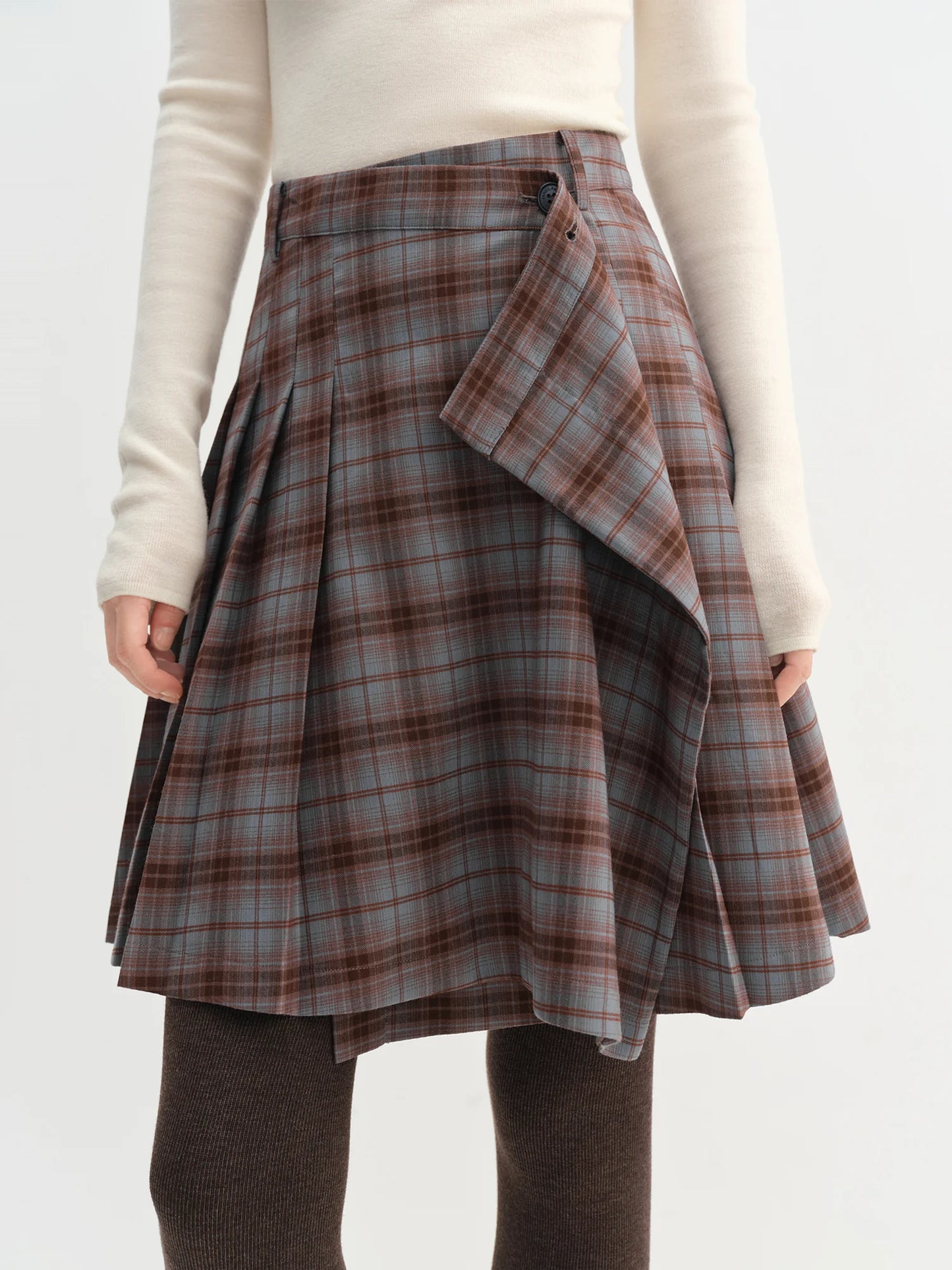 Brown Plaid Asymmetric Pleated Midi Skirt
