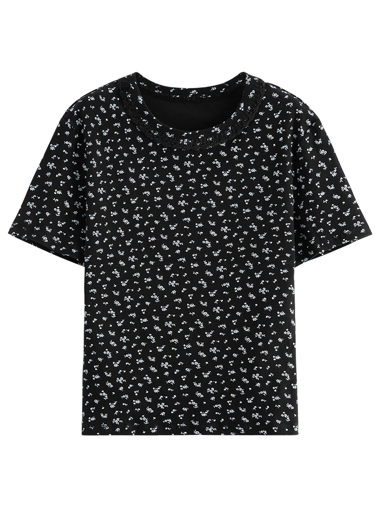 Black Floral Print Fitted Tee