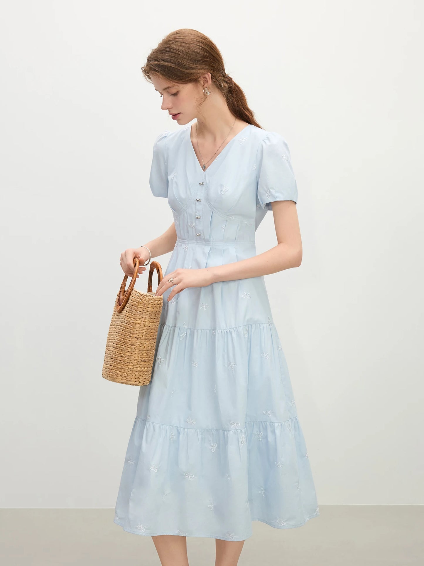 Pale Blue Tiered V-Neck Midi Dress