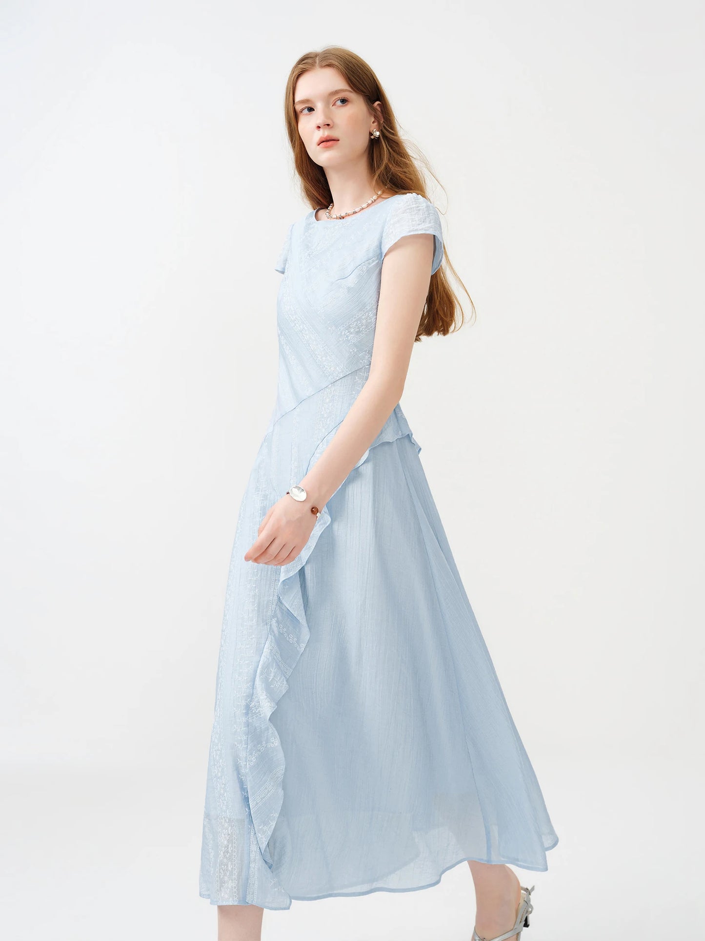 Pale Blue Asymmetric Ruffle Midi Dress