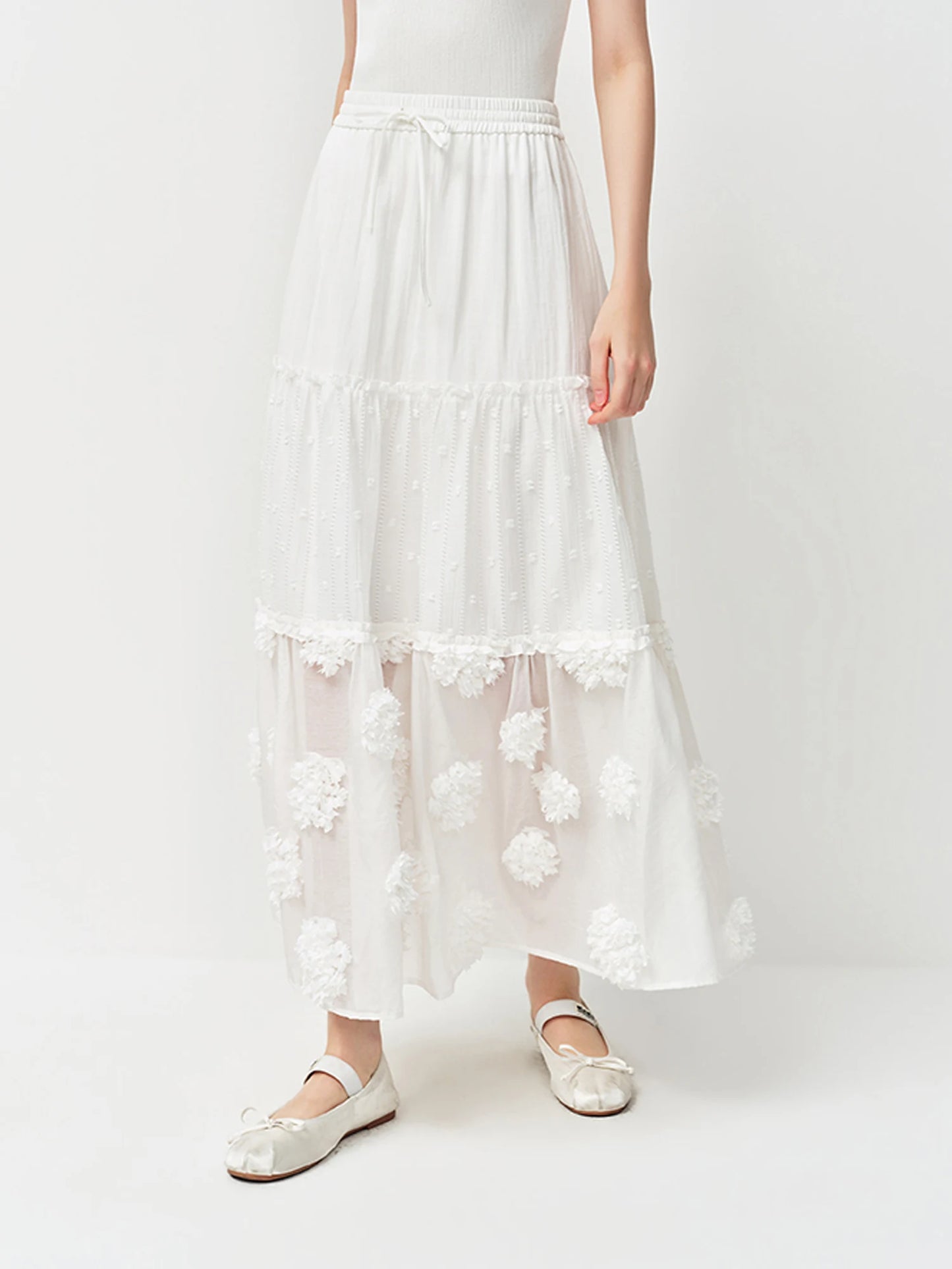 Ivory Floral Embroidered Tiered Maxi Skirt