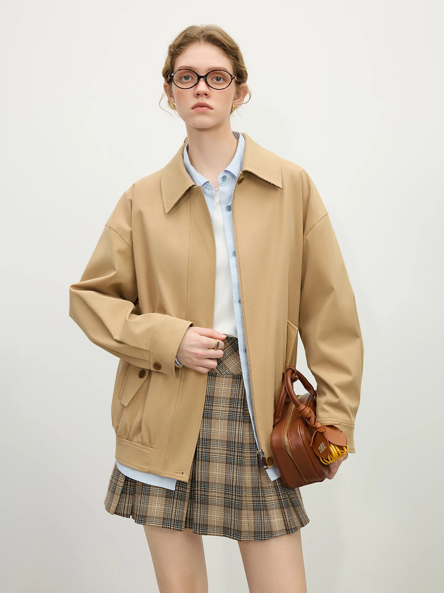 Camel Plaid Layered Bomber Jacket
