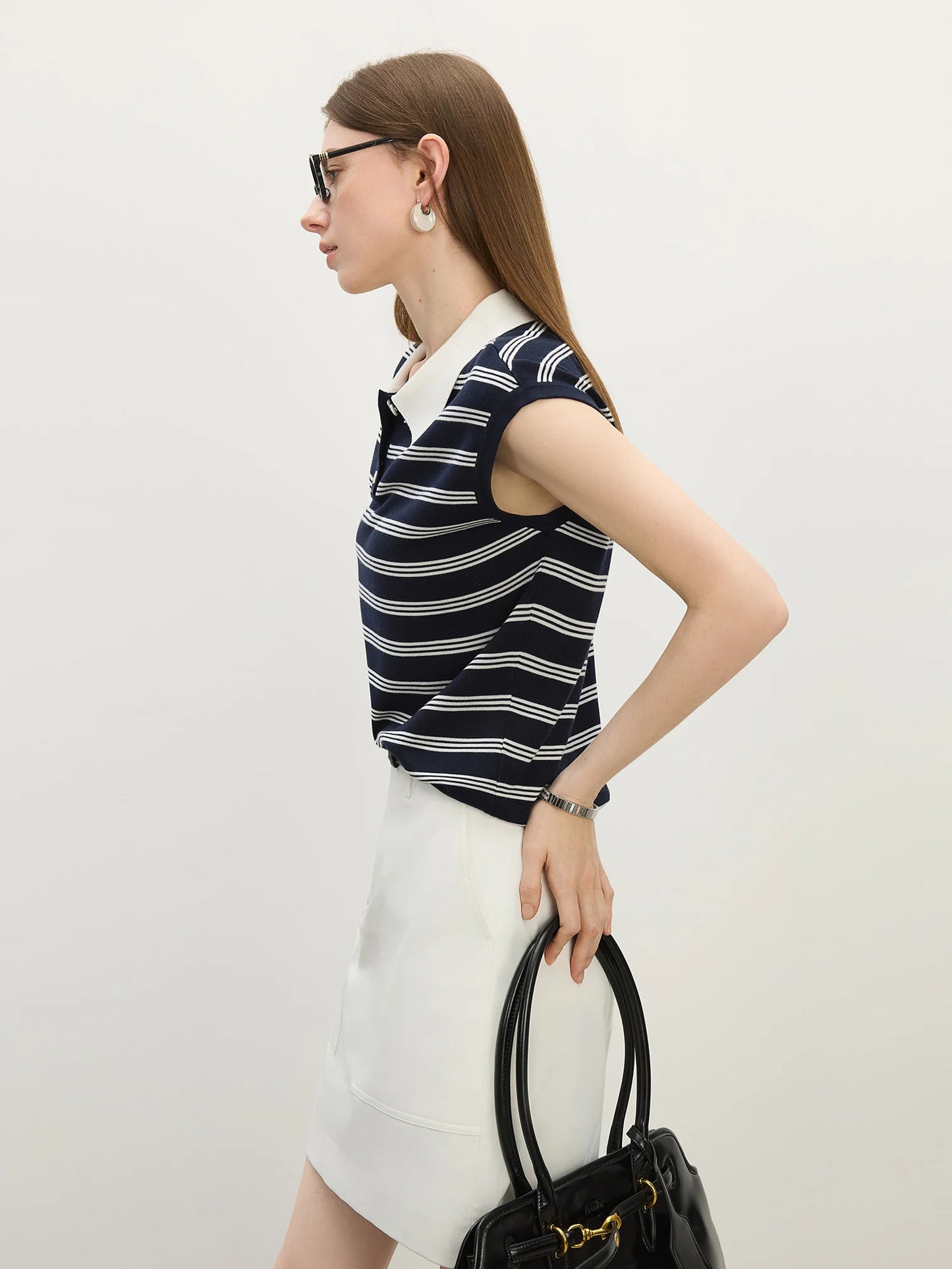 Navy Striped Sleeveless Polo Knit Top