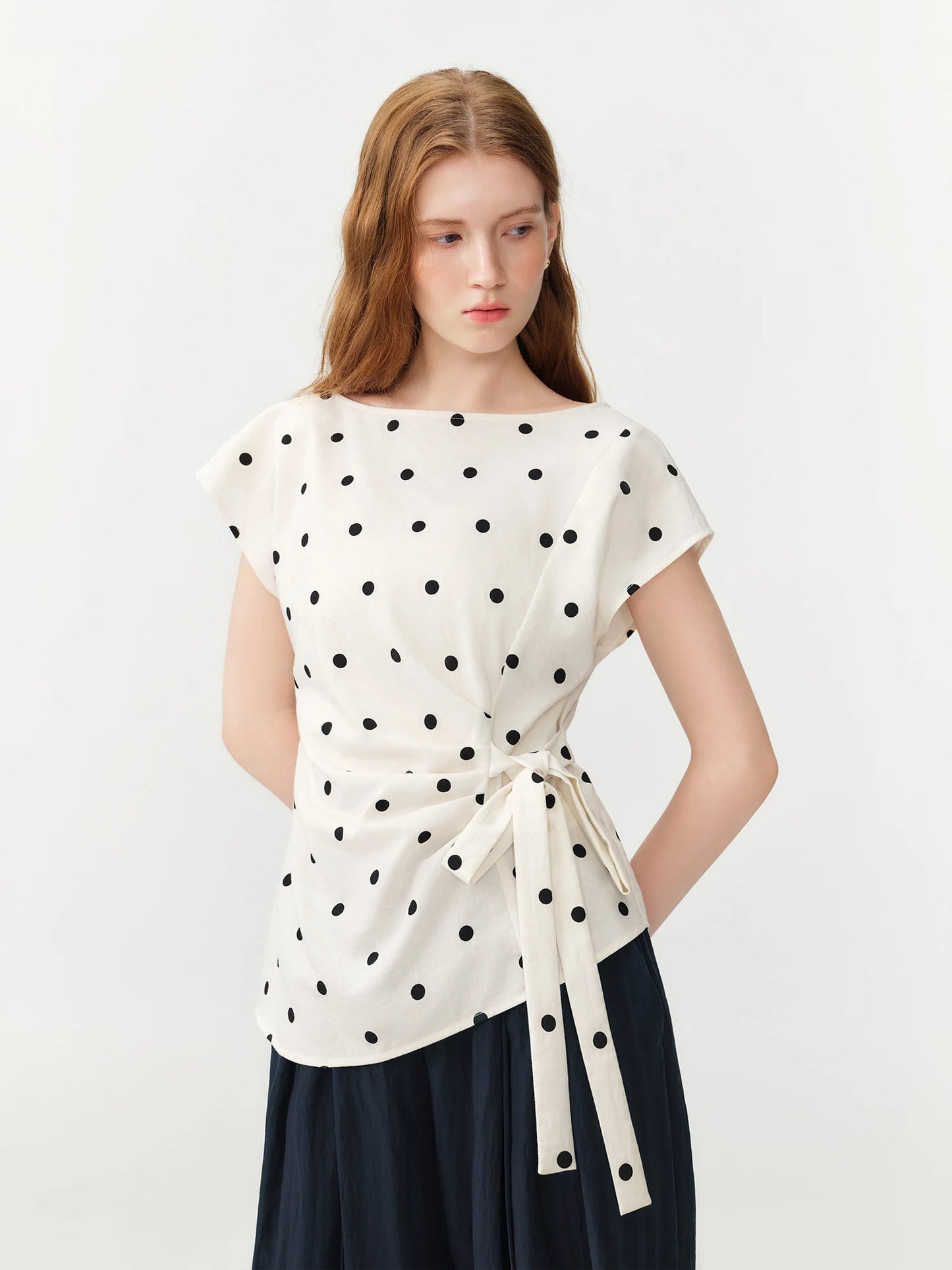 Polka Dot Tie Waist Blouse