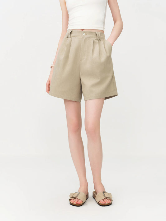 Beige Pleated Linen Blend Shorts