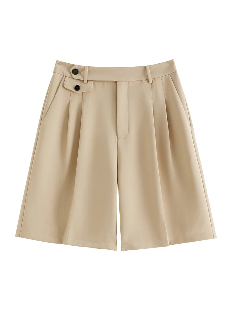 Ivory Pleated Button Waist Shorts