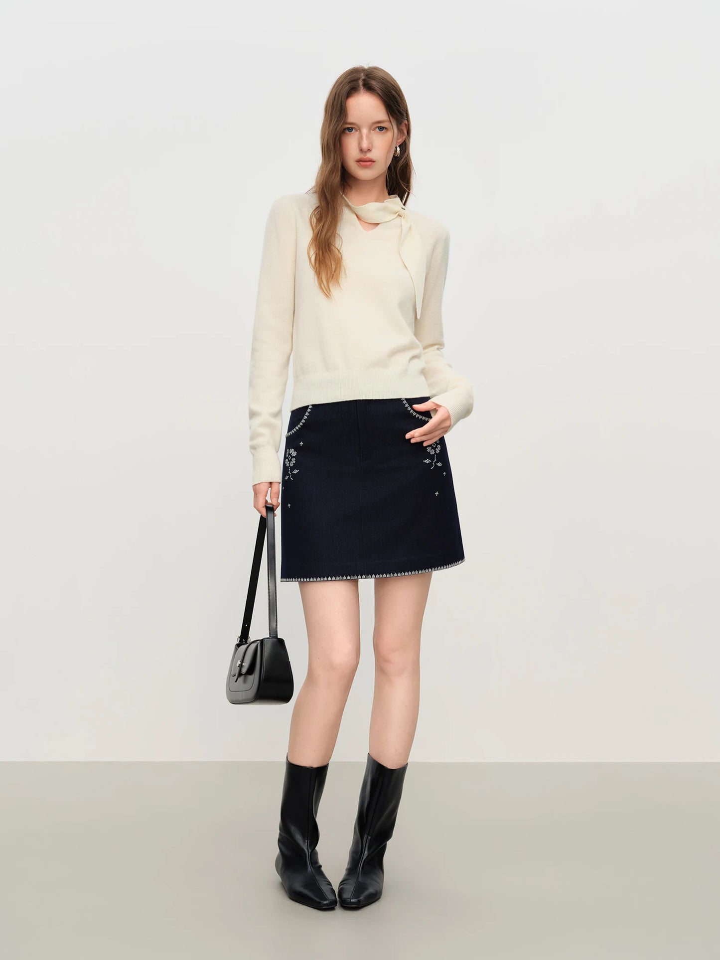 Ivory Bow Neck Knit Sweater