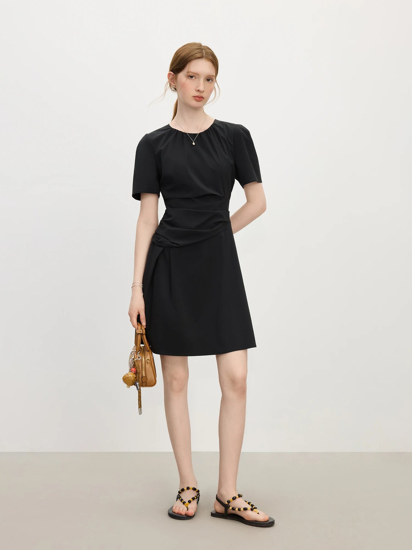 Black Draped Waist Short Sleeve Mini Dress