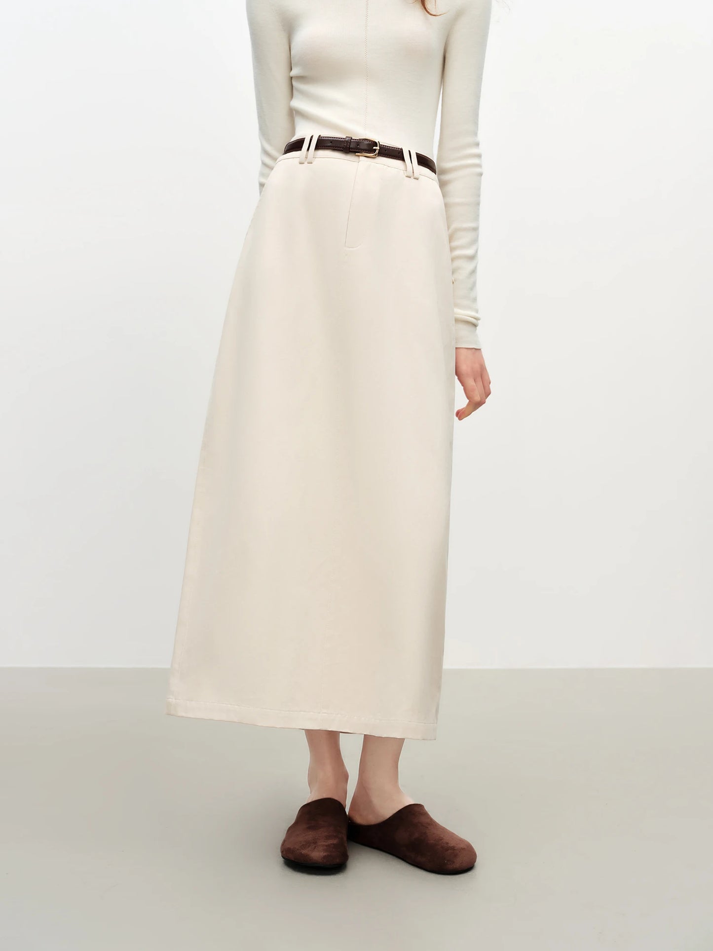 Ivory Belted Straight Maxi Skirt
