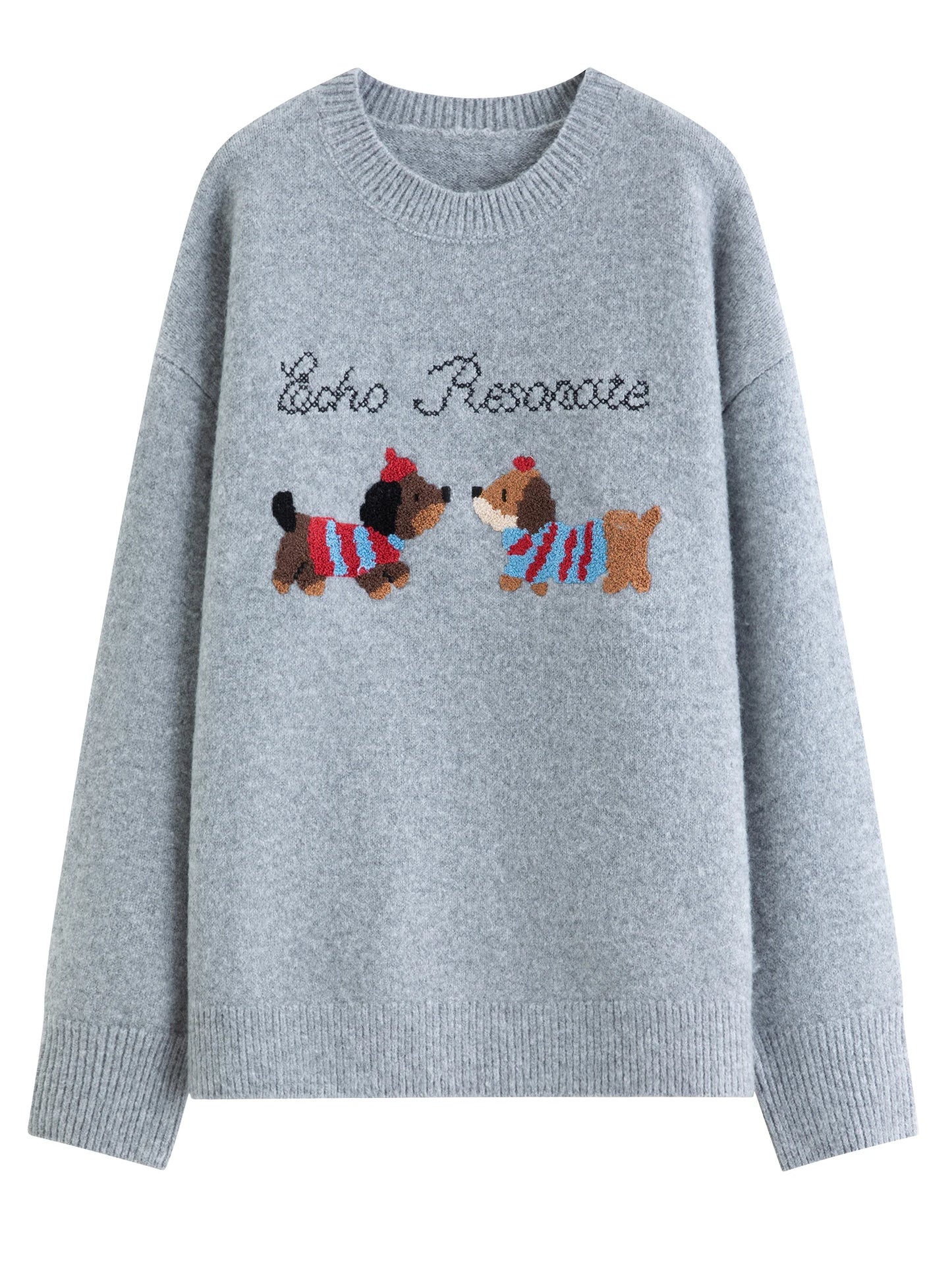 Grey Puppy Embroidered Knit Sweater