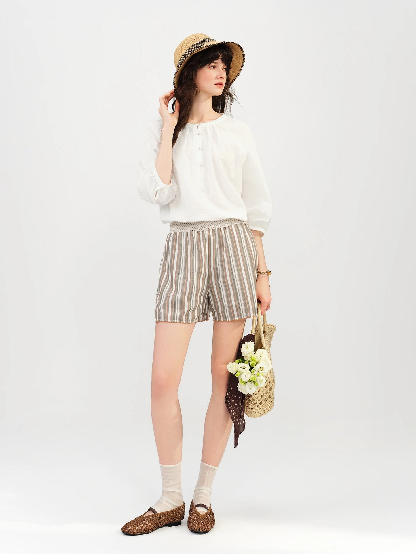 Striped Crochet Waist Cotton Shorts