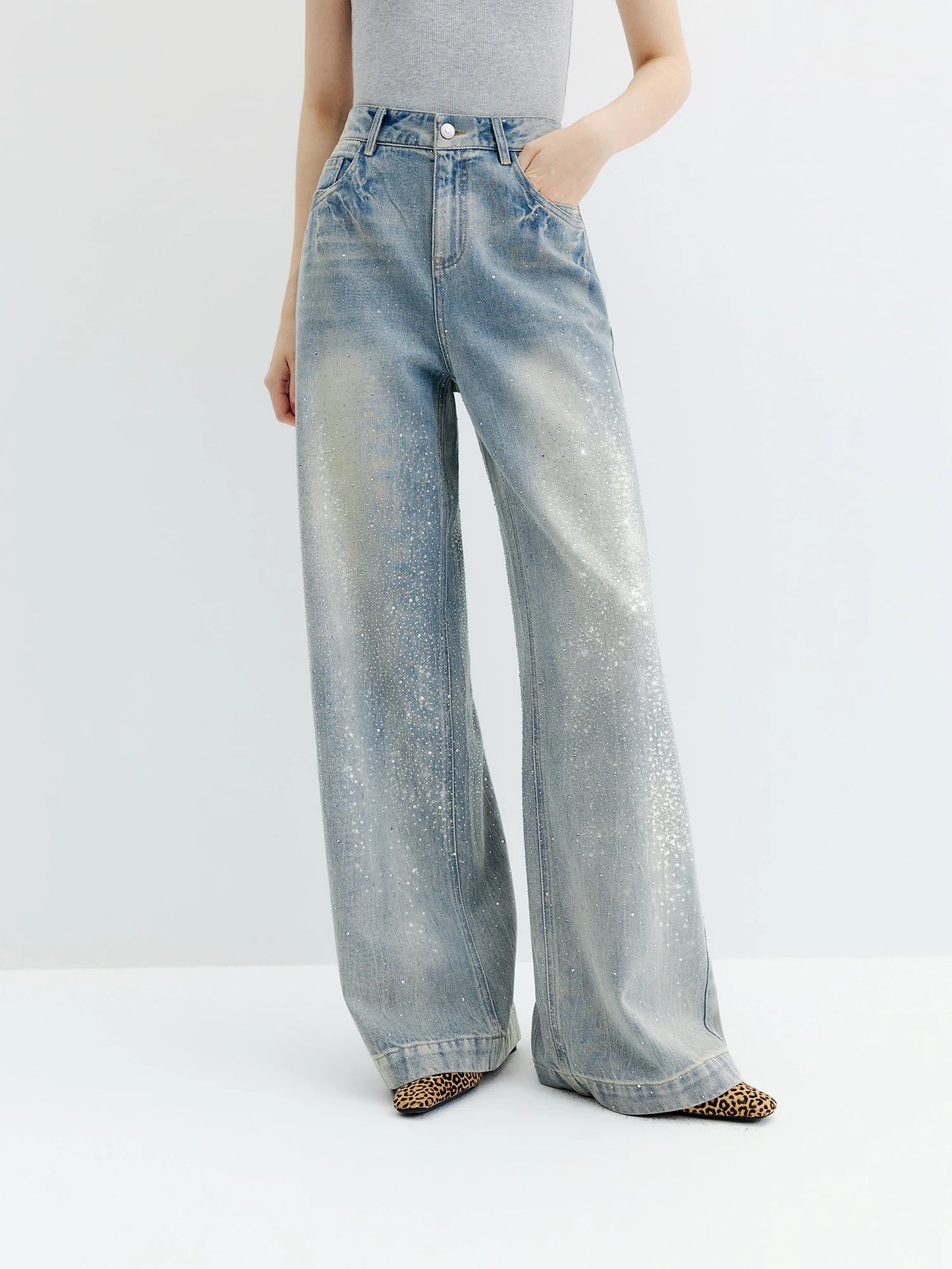 Light Wash Rhinestone Wide Leg Jeans