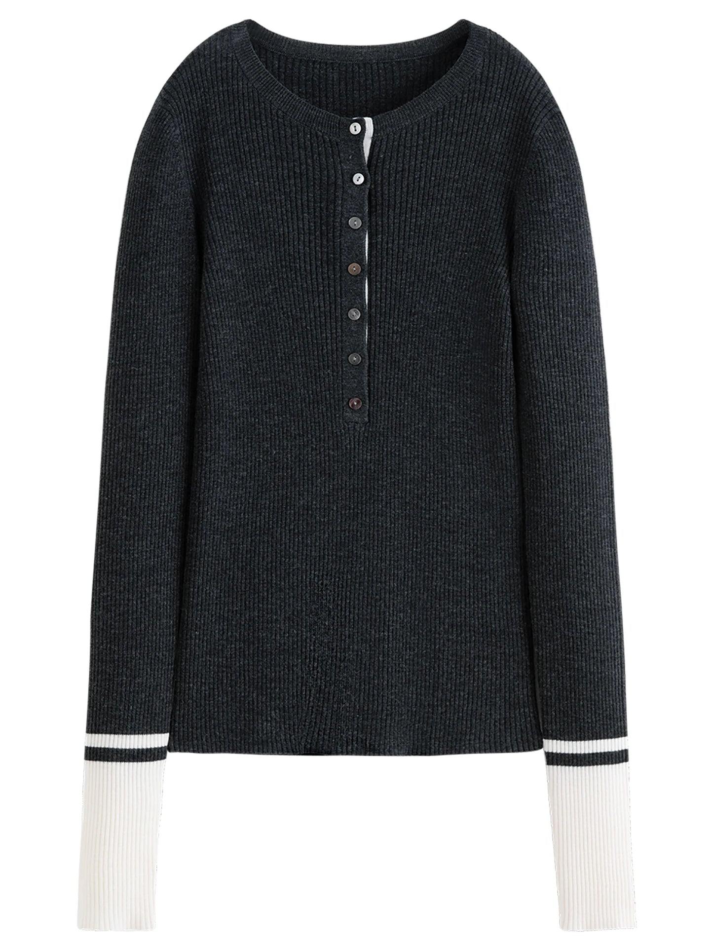 Black Contrast Cuff Henley Knit Top