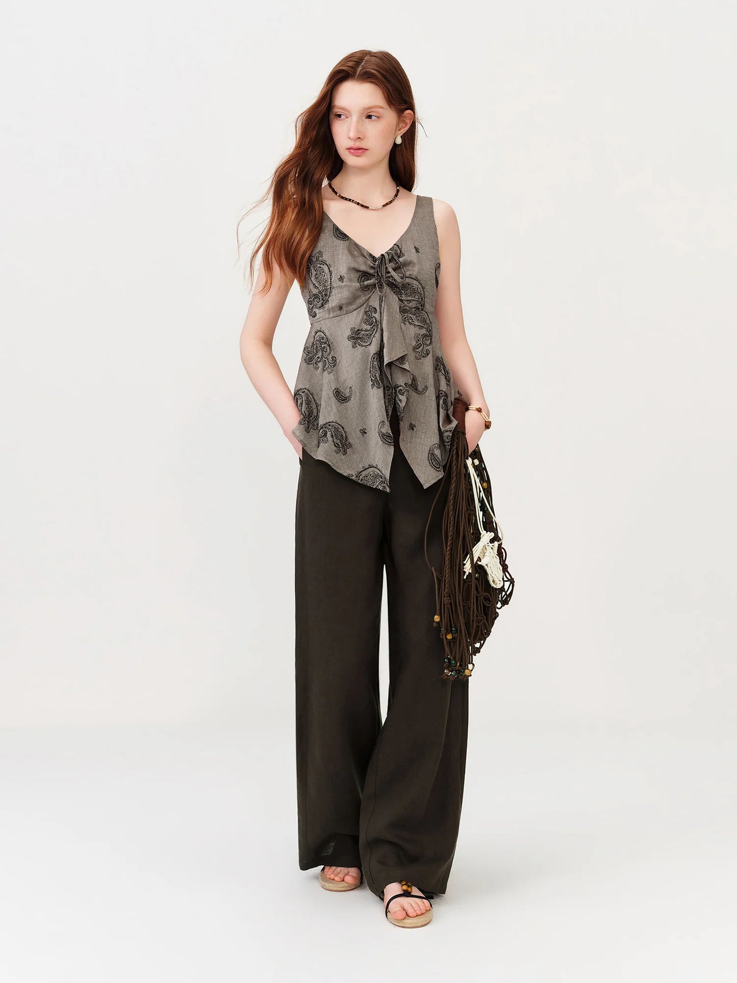 Brown Draped Wide Leg Trousers
