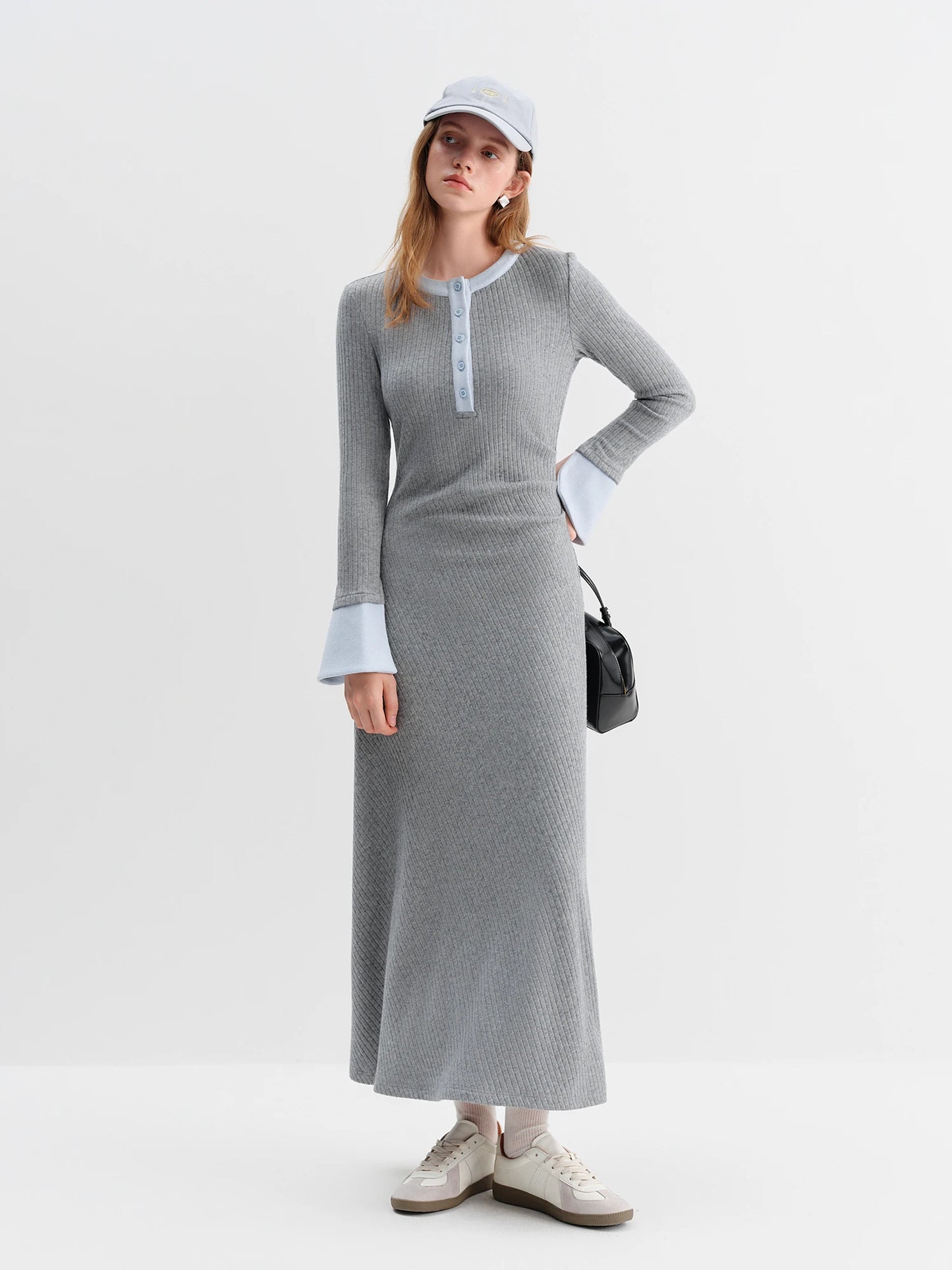 Grey Henley Knit Maxi Dress