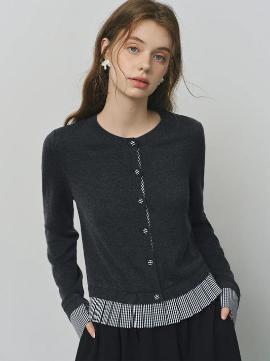 Black Plaid Hem Knit Cardigan