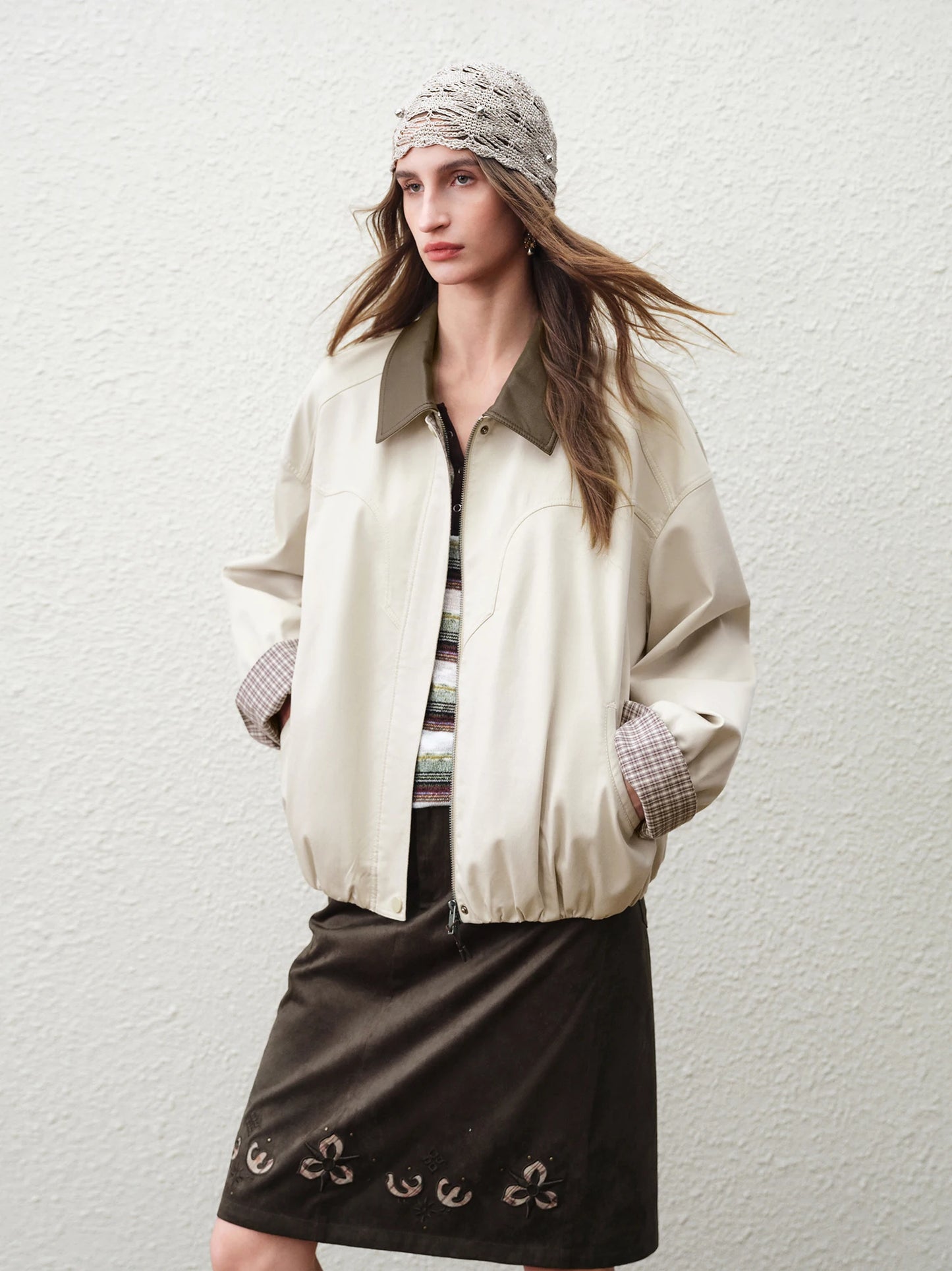 Ivory Contrast Cuff Bomber Jacket